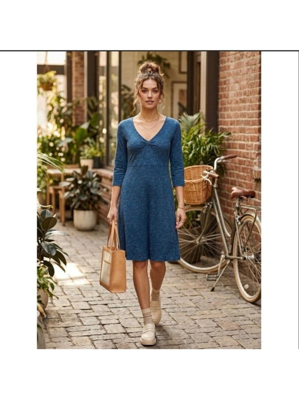 Toad&Co XL Rosalinda Dress Blue Geometric Aztec Print Organic Cotton Tencel